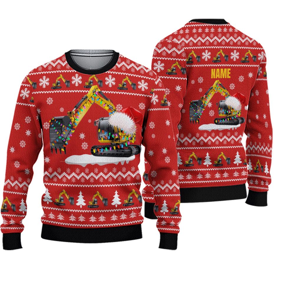 Excavator Christmas Ugly Sweater, Christmas Construction Sweater