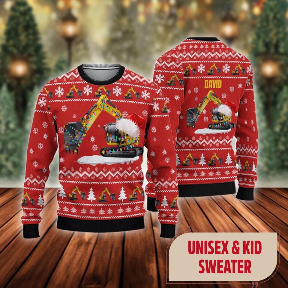 Excavator Christmas Ugly Sweater, Christmas Construction Sweater
