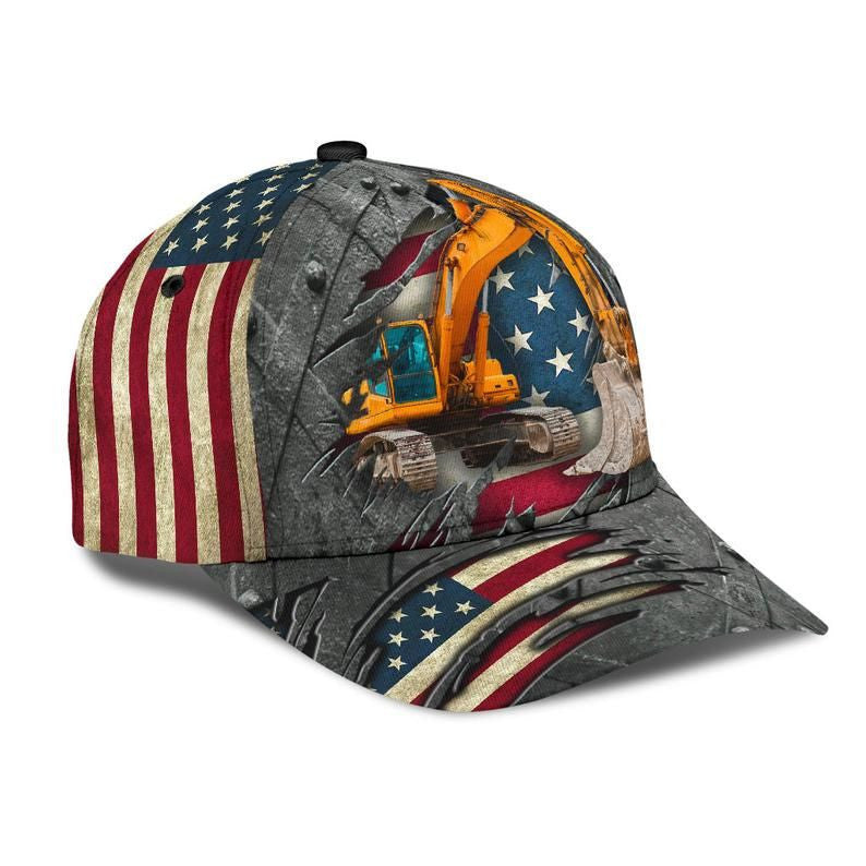 Excavator Crack Hat Classic Cap 3D, Crane Cap Gift For Him Gift For Dad Gift For Farmer Trucker Hats Custom Hats Gifts For Men & Women