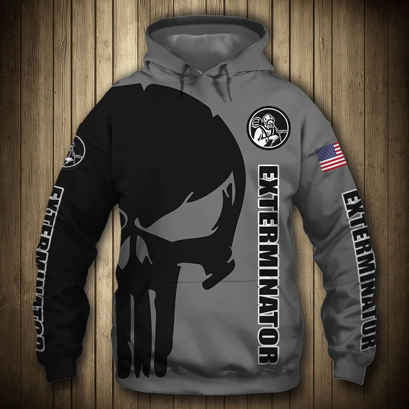 Exterminator Punisher Skull US Flag Black Grey 3D All Over Print Hoodie, Zip Hoodie