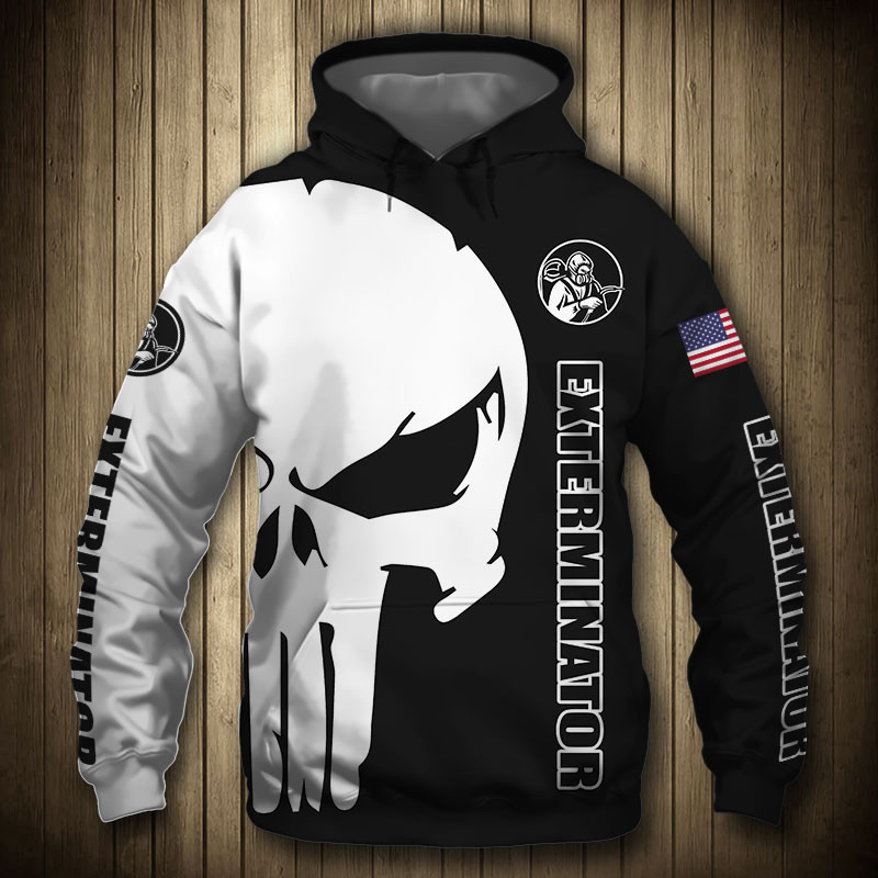 Exterminator Punisher Skull US Flag Black White 3D All Over Print Hoodie, Zip Hoodie