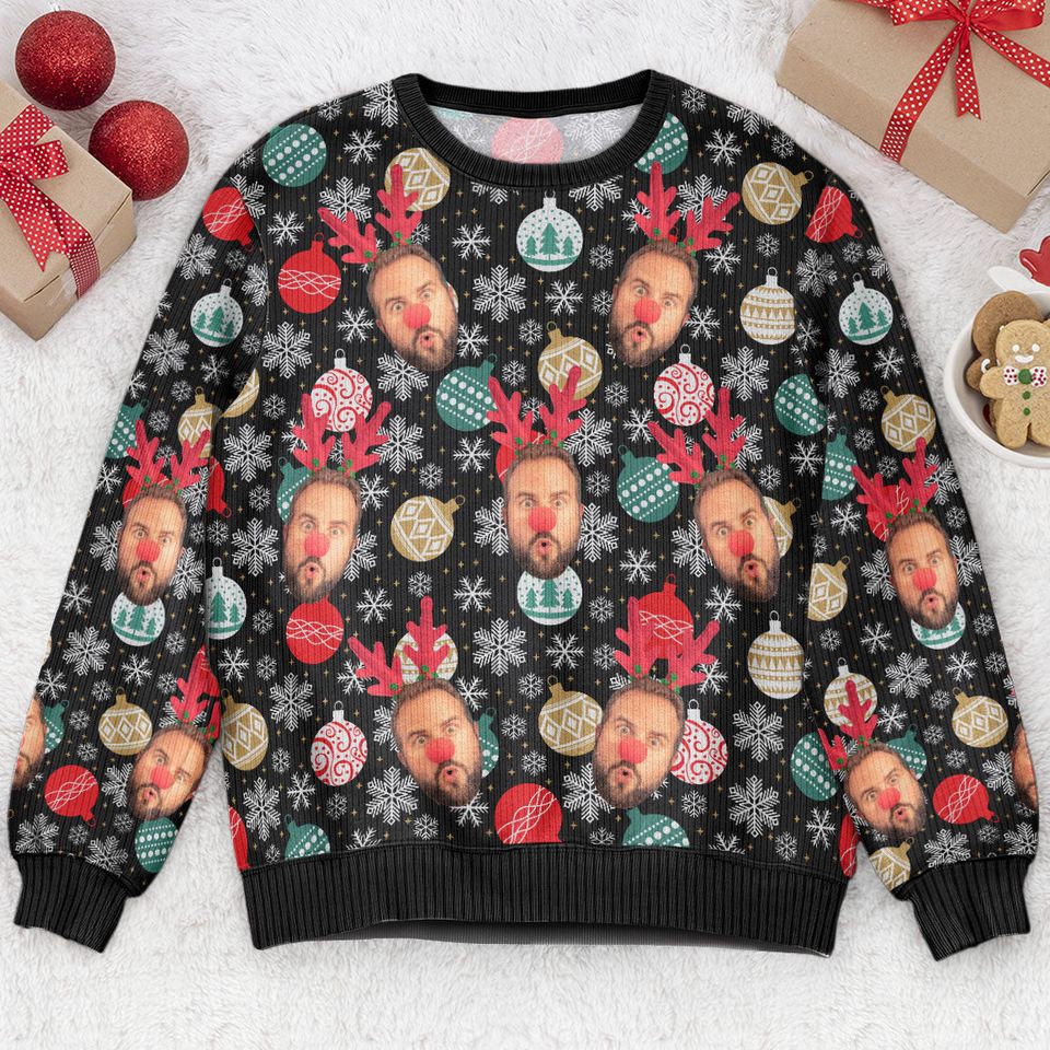 Face Christmas Family Baubles Balls And Snowflakes - Personalized Photo Ugly Sweatshirt