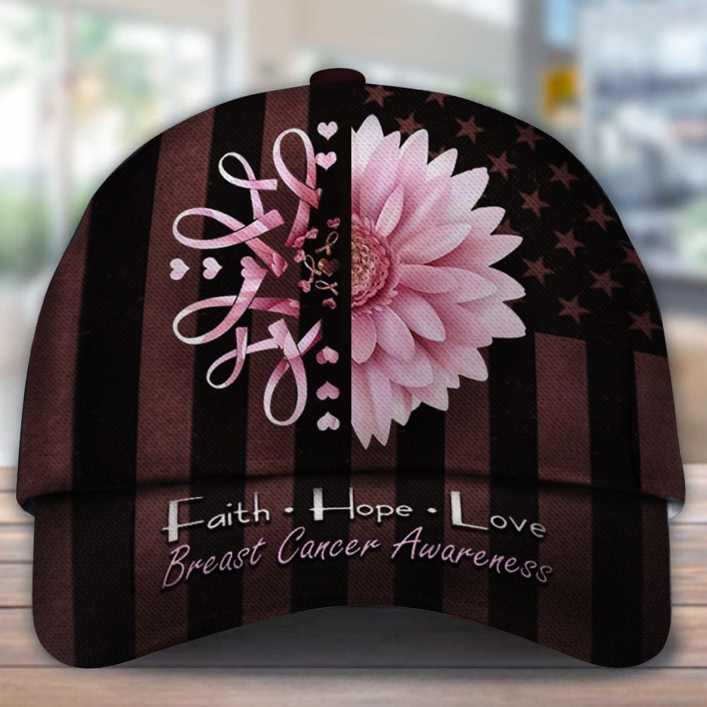 Faith Hope Love Breast Cancer Awareness Hat USA Flag Pink Ribbon Breast Cancer Awareness Merch Trucker Hats Custom Hats Gifts For Men & Women