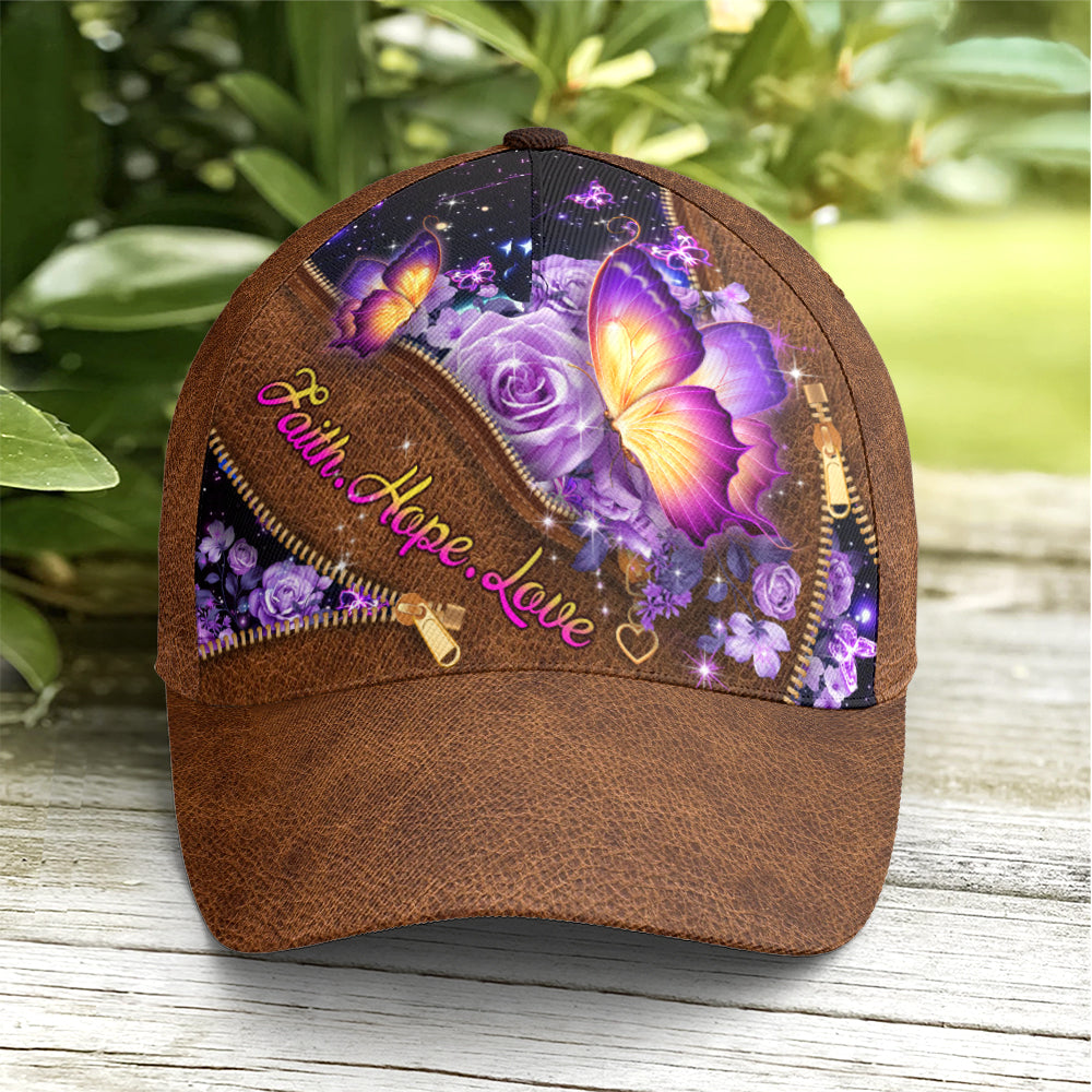 Faith Hope Love Magical Butterfly Purple Roses Leather Style Baseball Cap Trucker Hats Custom Hats Gifts For Men & Women