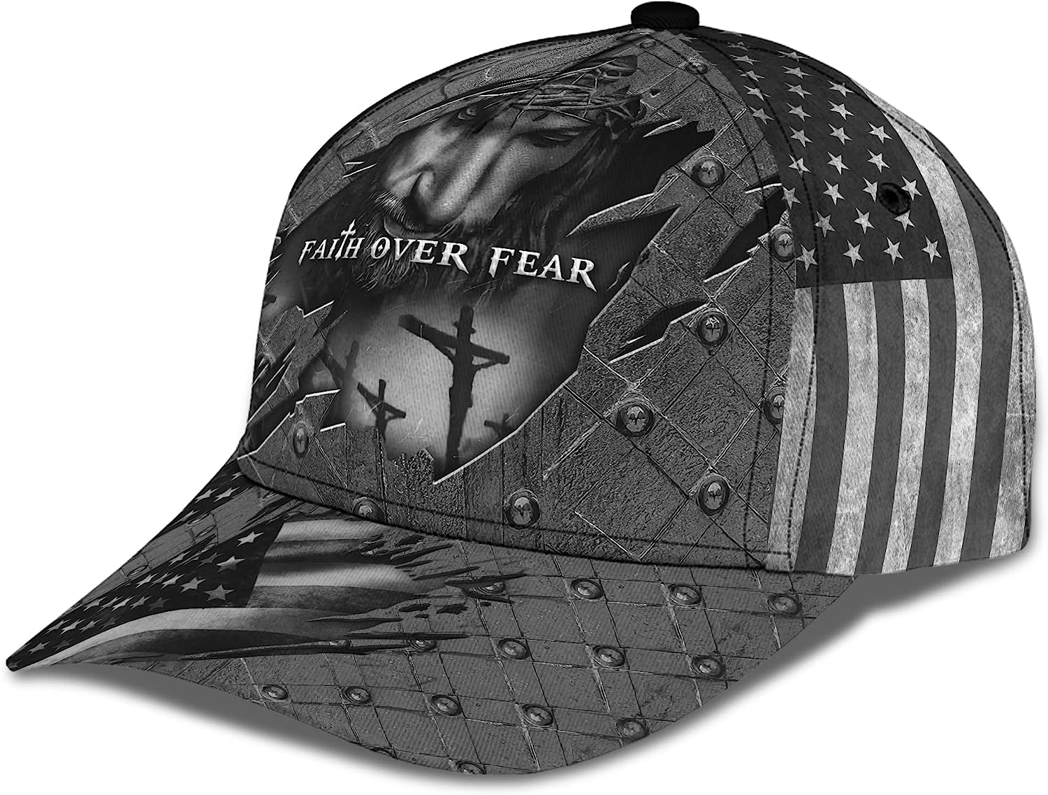 Faith Over Fear God With Cross And American Flag All Over Print Baseball Cap - Christian Hats For Men Women Trucker Hats Custom Hats Gifts For Men & Women