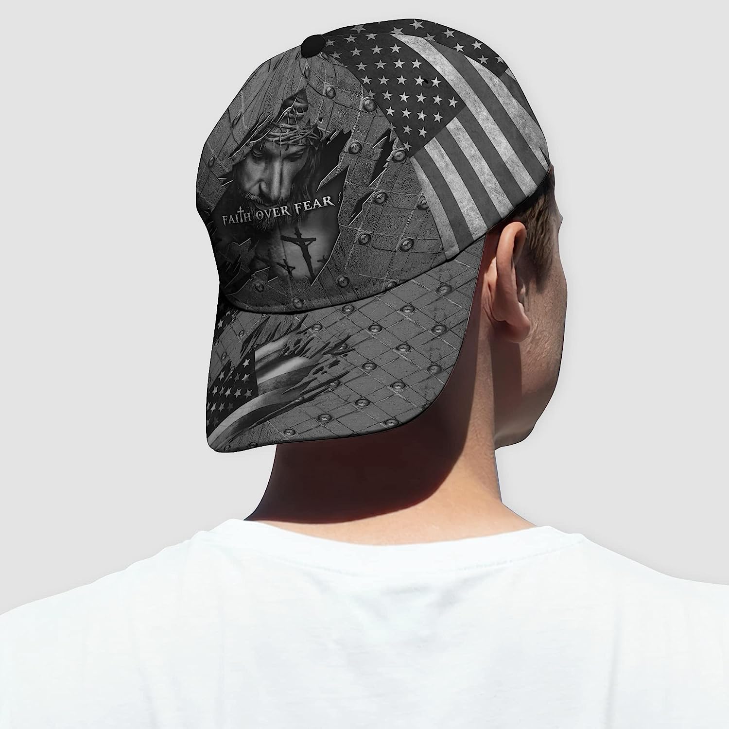 Faith Over Fear God With Cross And American Flag All Over Print Baseball Cap - Christian Hats For Men Women Trucker Hats Custom Hats Gifts For Men & Women