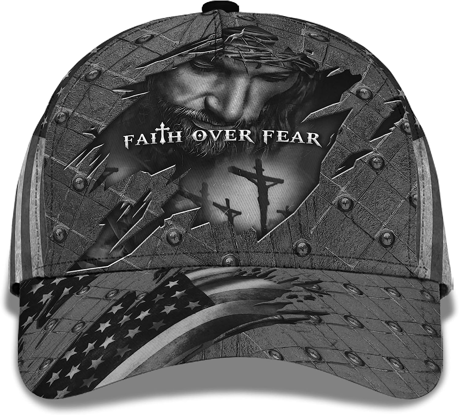 Faith Over Fear God With Cross And American Flag All Over Print Baseball Cap - Christian Hats For Men Women Trucker Hats Custom Hats Gifts For Men & Women