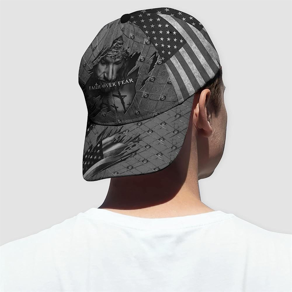 Faith Over Fear God With Cross And American Flag Baseball Cap Hat  Trucker Hats Custom Hats Gifts For Men & Women