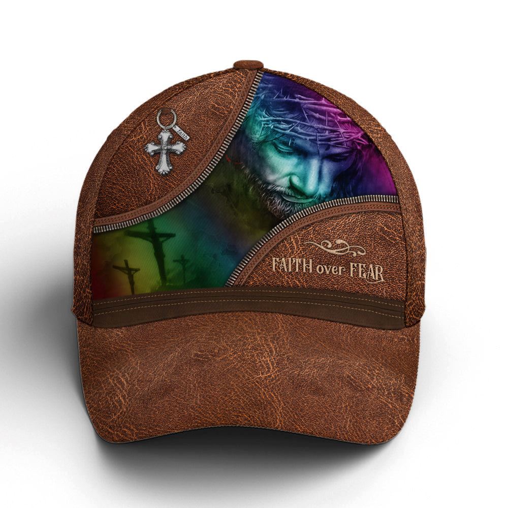 Faith Over Fear Jesus Leather Style Baseball Cap Hat  Trucker Hats Custom Hats Gifts For Men & Women