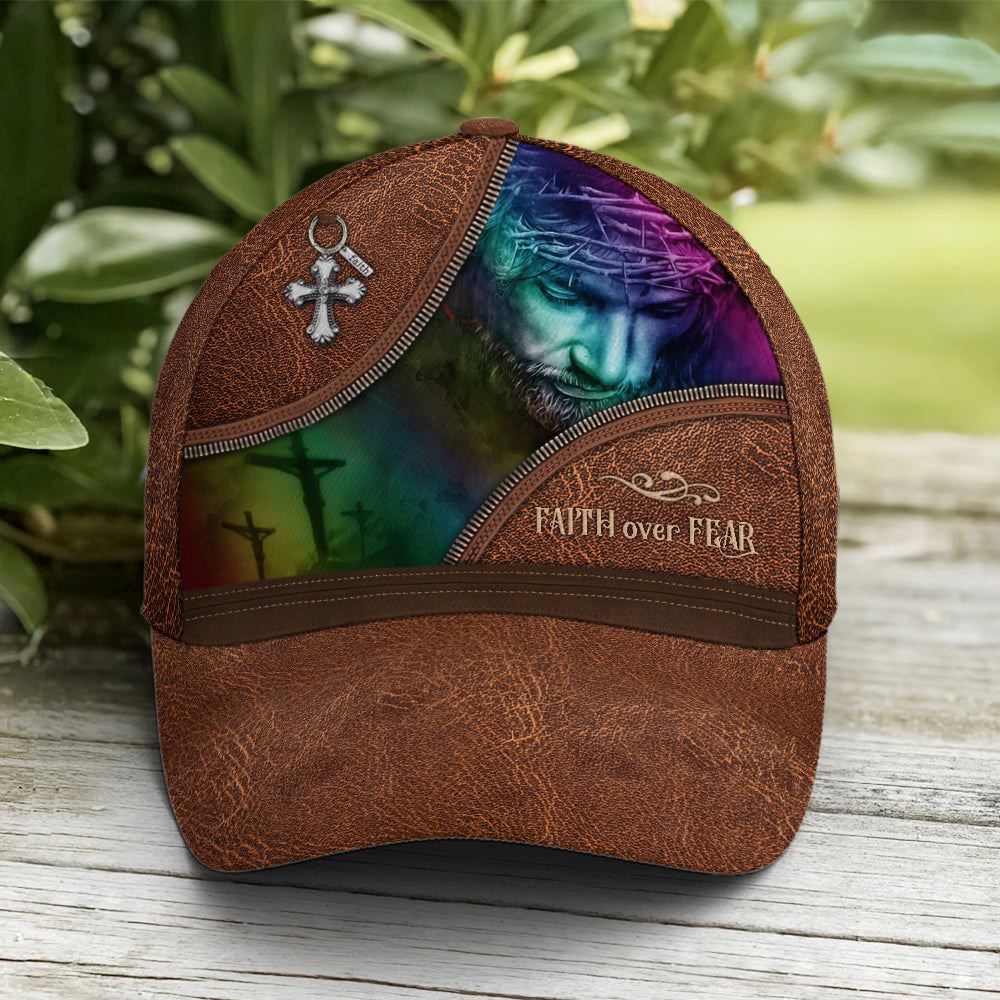 Faith Over Fear Jesus Leather Style Baseball Cap Hat  Trucker Hats Custom Hats Gifts For Men & Women
