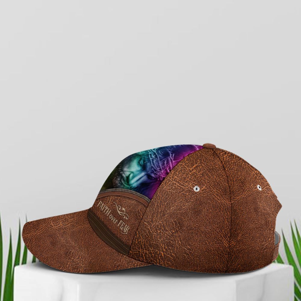 Faith Over Fear Jesus Leather Style Baseball Cap Hat  Trucker Hats Custom Hats Gifts For Men & Women