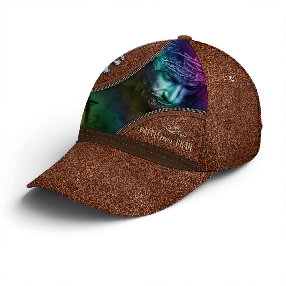 Faith Over Fear Jesus Leather Style Baseball Cap Hat  Trucker Hats Custom Hats Gifts For Men & Women