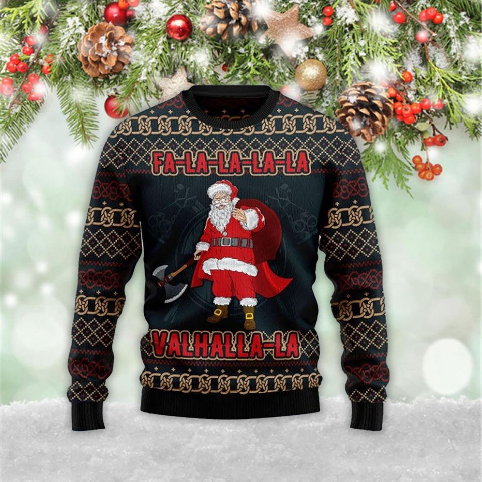 Falalala Valhallala Viking Santa 3D Ugly Christmas Zip Hoodie 3D Sweater