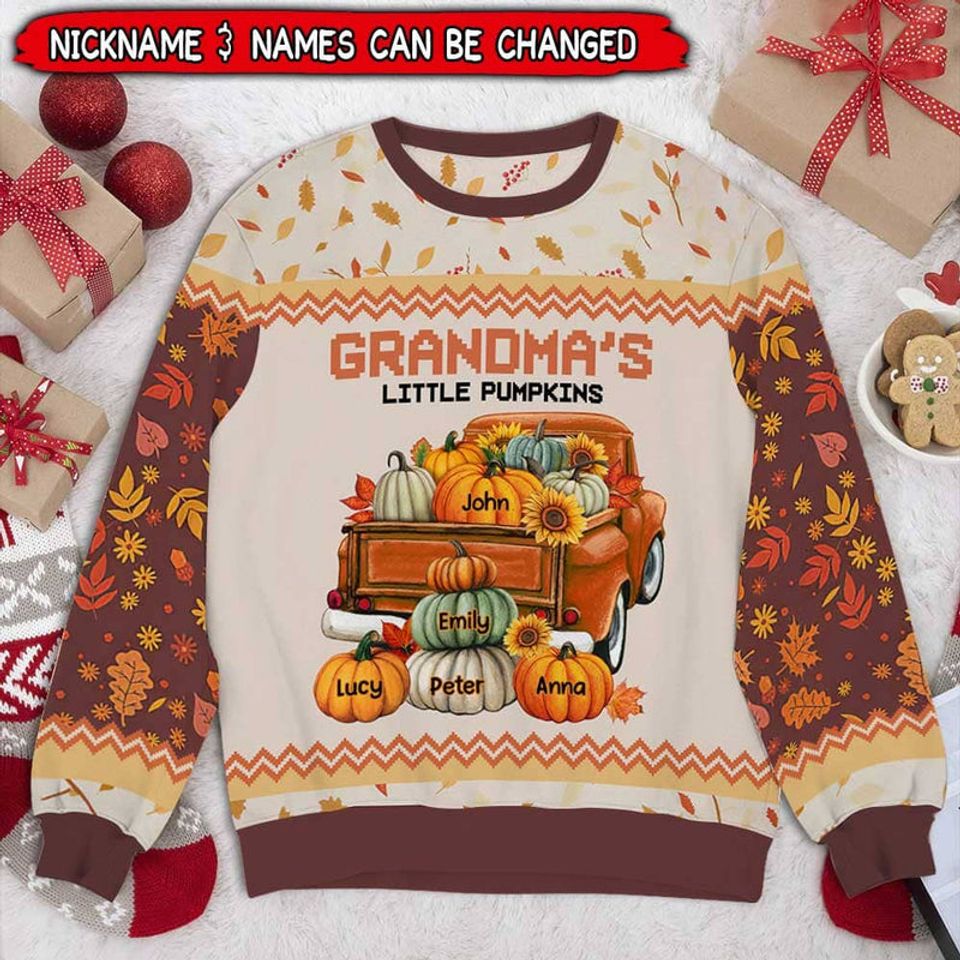 Fall Season Truck Grandma's Little Pumpkins Personalized 3D Sweater