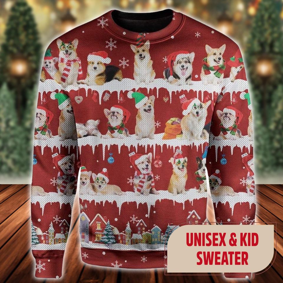 Family Corgi Dog Santa Hat Ugly Christmas Sweater, Cute Corgi Dog Xmas