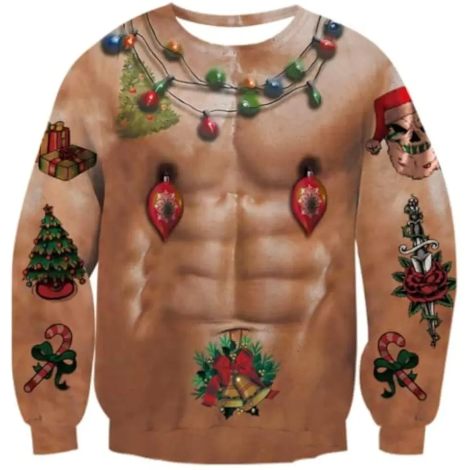Fanient Men's Hair-chest T-shirt 3D Printed Fun Crew Collar Pattern Short Sleeve Hoodie Ugly Christmas Crewneck Sweatshirt Novel - Image 3
