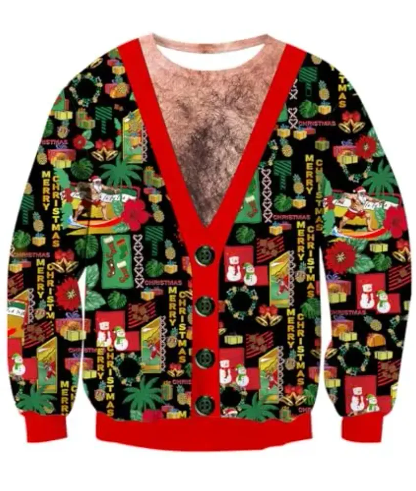 Fanient Men's Hair-chest T-shirt 3D Printed Fun Crew Collar Pattern Short Sleeve Hoodie Ugly Christmas Crewneck Sweatshirt Novel - Image 24