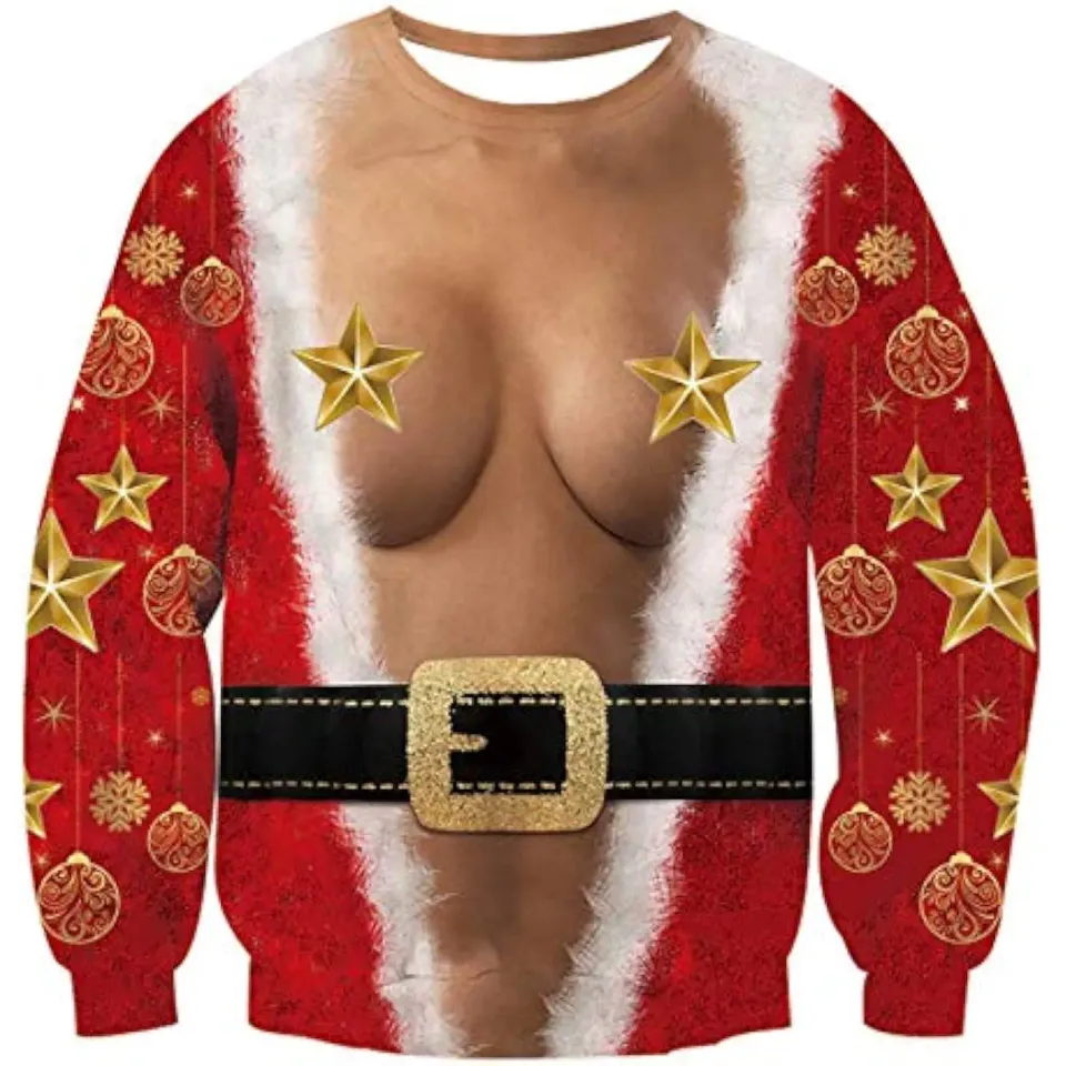 Fanient Men's Hair-chest T-shirt 3D Printed Fun Crew Collar Pattern Short Sleeve Hoodie Ugly Christmas Crewneck Sweatshirt Novel - Image 2