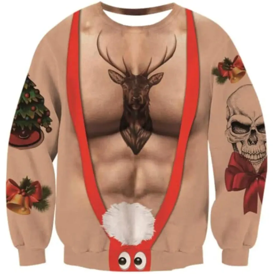 Fanient Men's Hair-chest T-shirt 3D Printed Fun Crew Collar Pattern Short Sleeve Hoodie Ugly Christmas Crewneck Sweatshirt Novel - Image 4