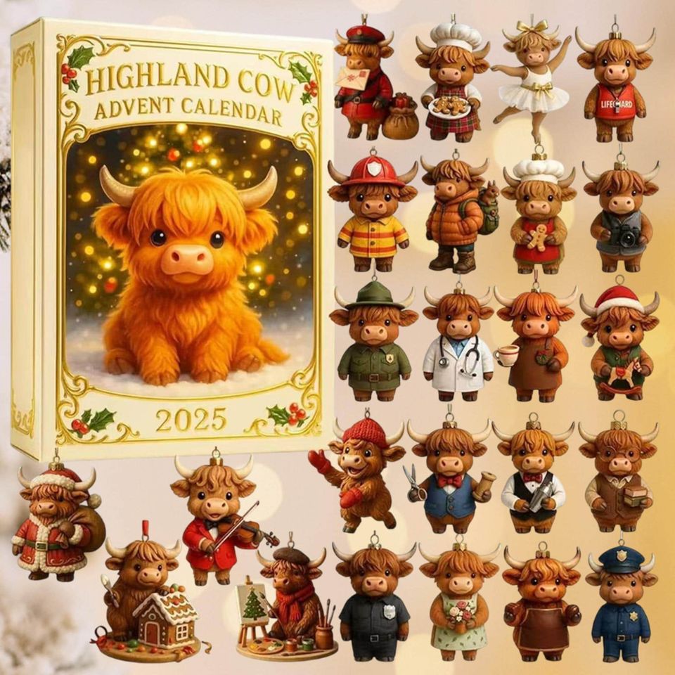 Farm Animal Christmas Countdown Box, Highland Cow Advent Calendar 2025, 24 Day Highland Cow Ornaments, Rustic Farmhouse Holiday Gift Set