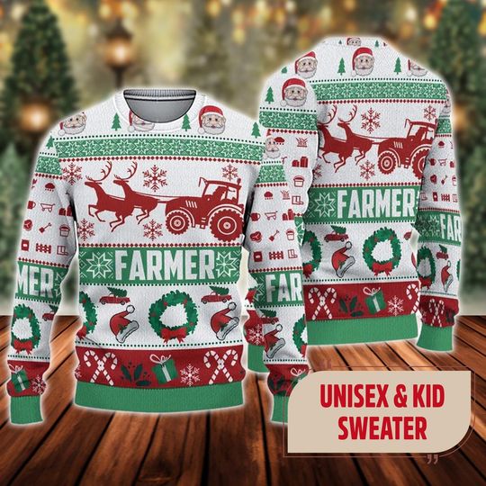 Farmer Christmas Tractor Santa And Reindeer Ugly Christmas Sweater - Image 7