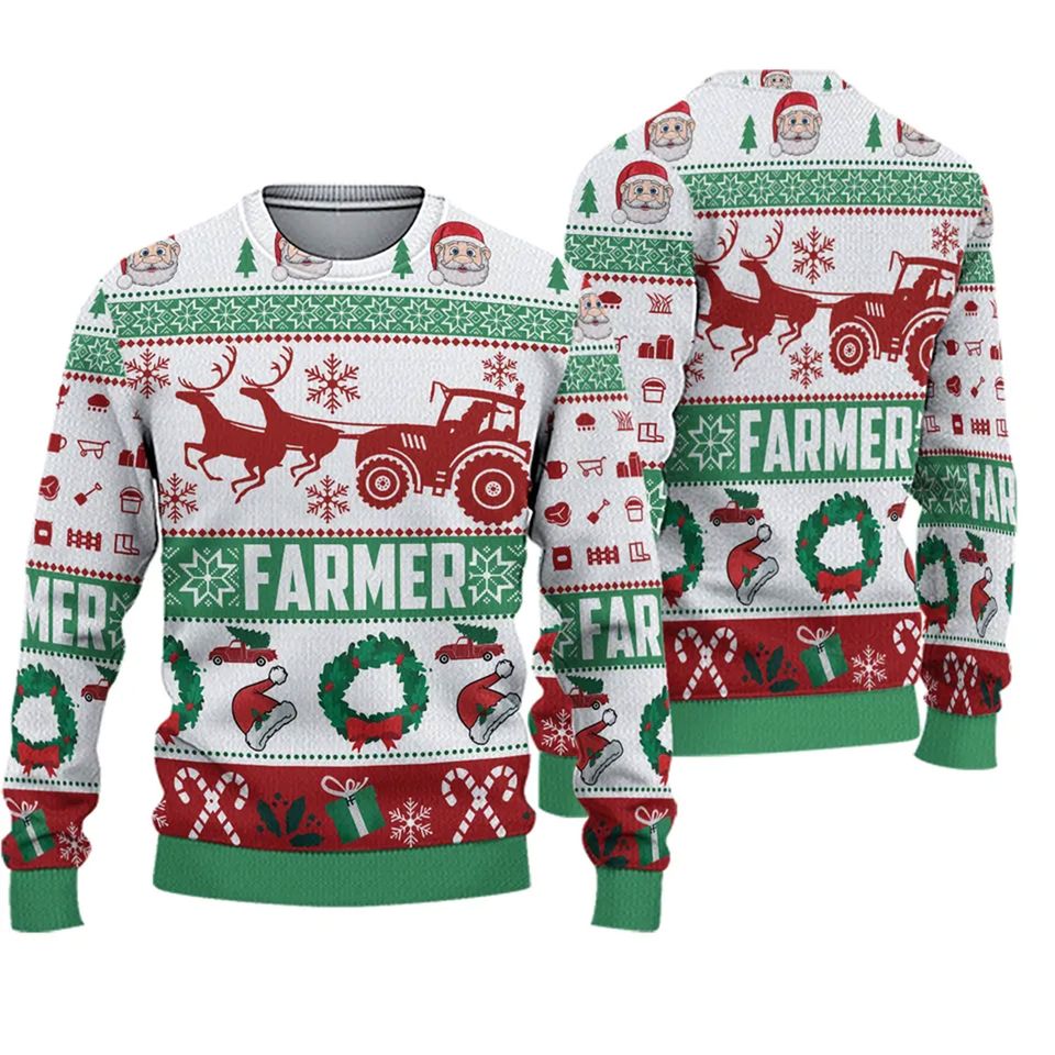 Farmer Christmas Tractor Santa And Reindeer Ugly Sweater