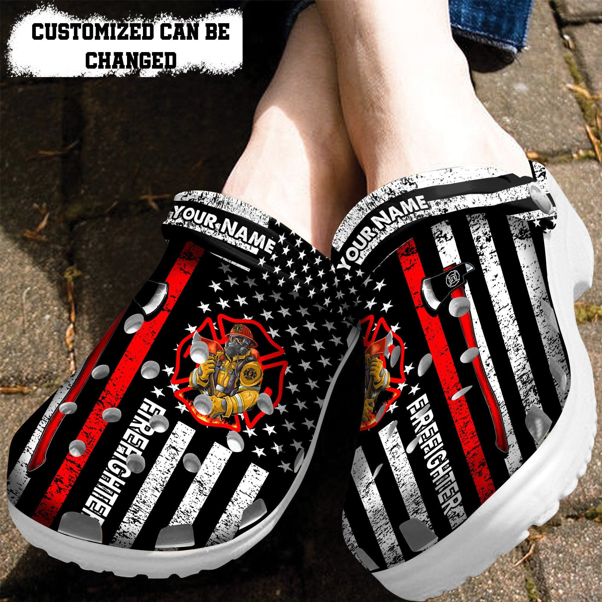 Father Day Firefighter Gifts Shoes For Dad Grandpa - Firefighter Usa Flag Black Shoes Croc Clog