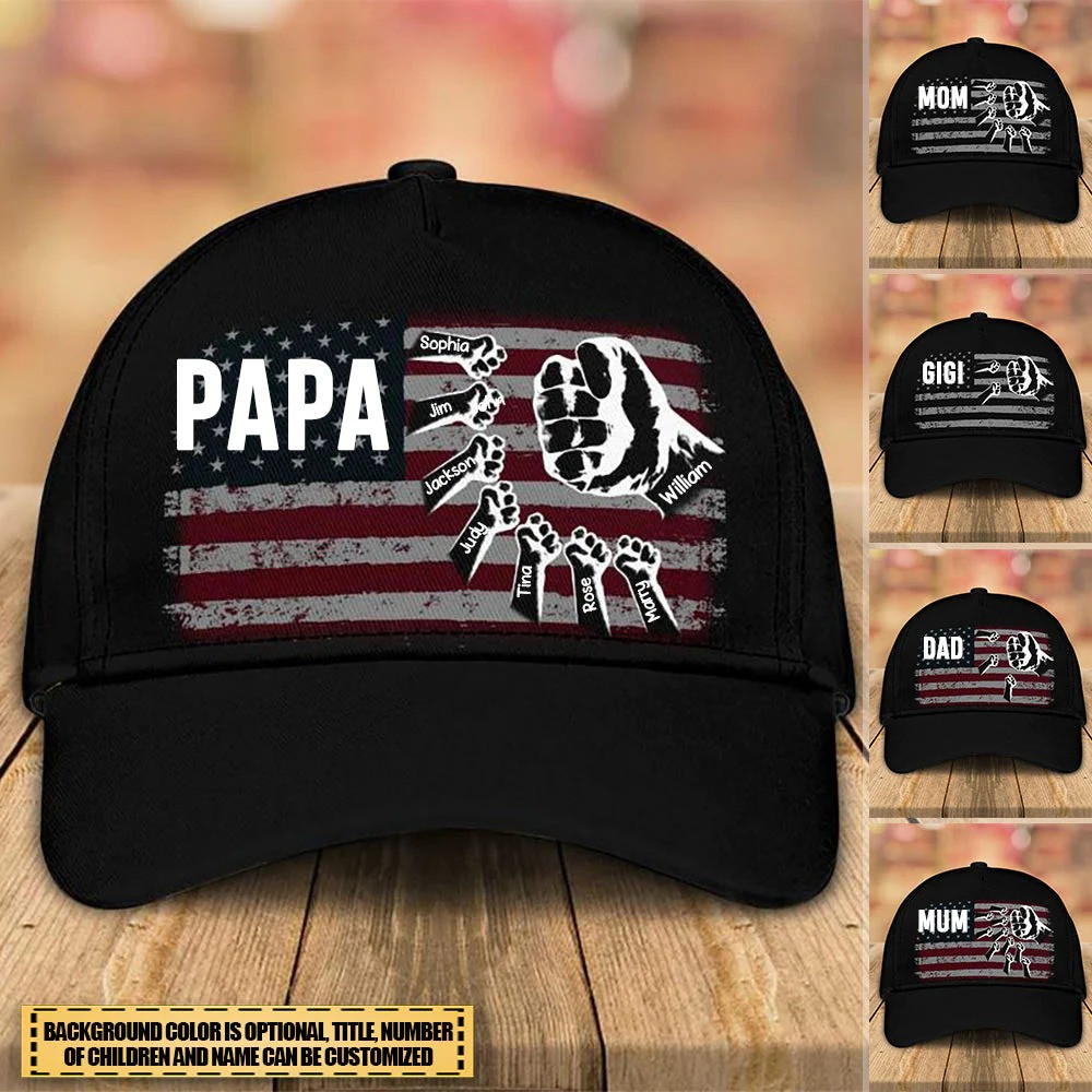 Father's Day Gift Personalized Grandpa With Grandkids Hand To Hands Cap, Papa Classic Cap Trucker Hats Custom Hats Gifts For Men & Women