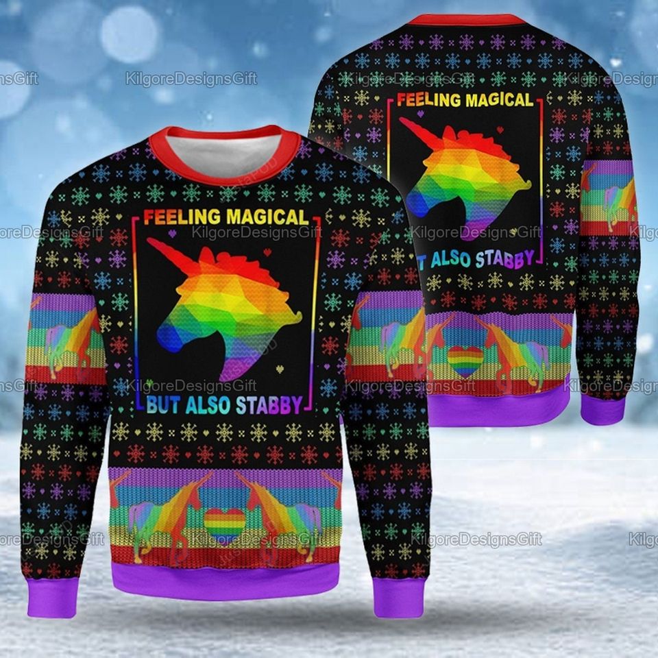 Feeling Magical But Also Stabby Ugly Christmas Sweater, Unicorn Xmas Sweater