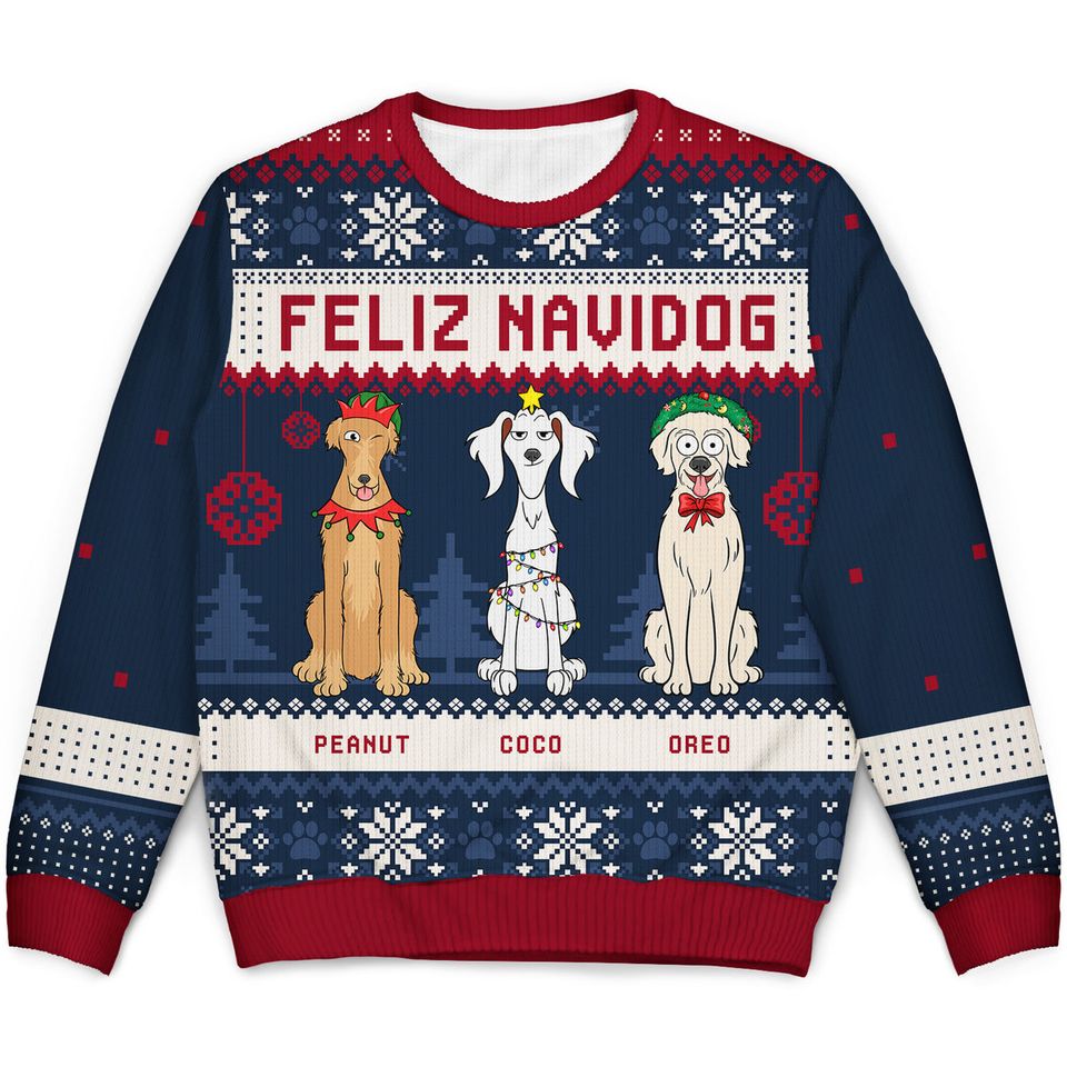Feliz Navidog Merry Woofmas Funny Cartoon Dogs Custom Christmas Unisex Ugly Sweatshirt