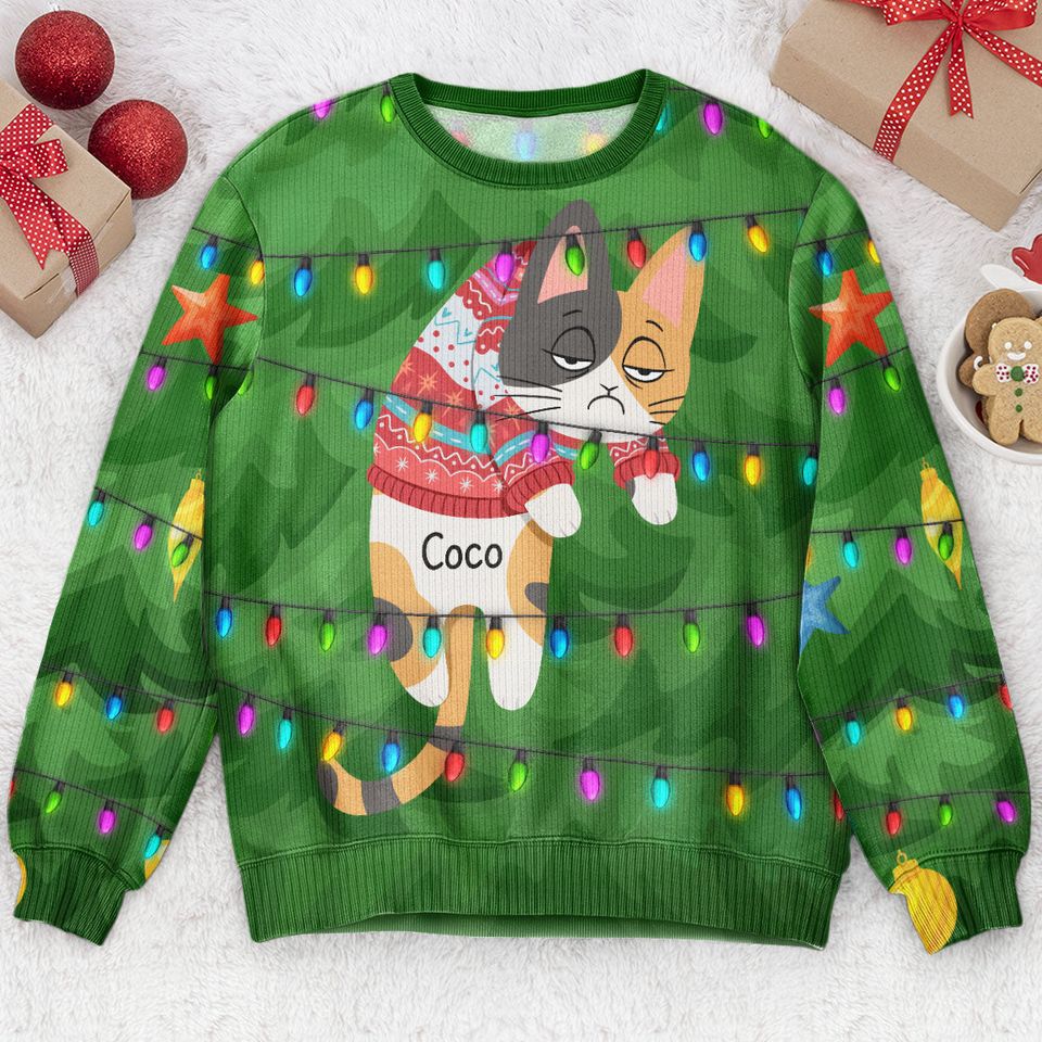 Festive Feline Tangle - Personalized Ugly Sweatshirt