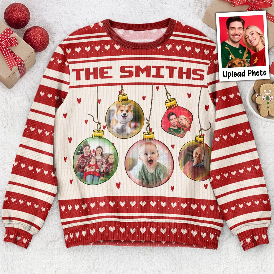 Festive Ornament As Family - Personalized Photo Ugly Sweatshirt