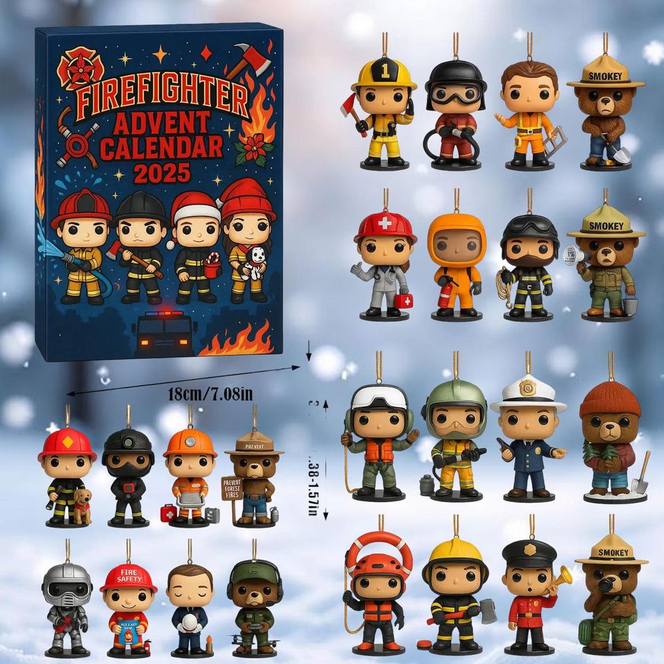 Firefighter Advent Calendar 2025, Vintage Firefighter Christmas Countdown Box, 24 Day Fireman Ornaments