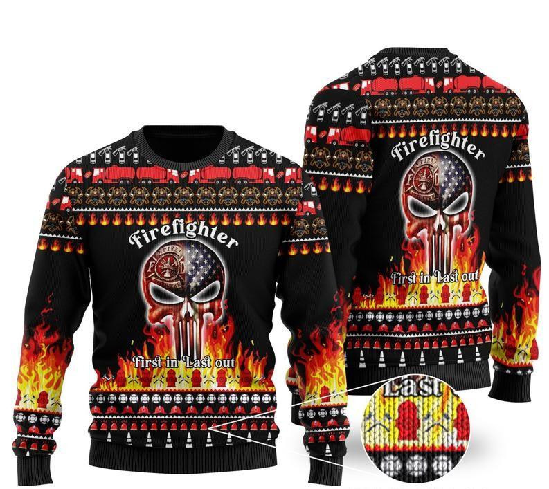 Firefighter First In Last Out Ugly Christmas Sweater Adult 3D Funny Matching for family
