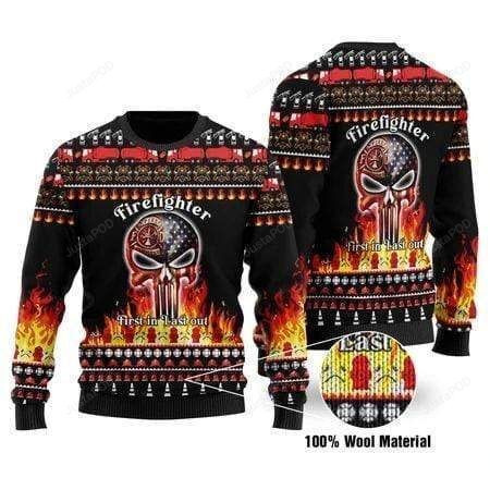 Firefighter First In The Last Out Black Ugly Christmas Sweater Adult 3D Funny Matching for family