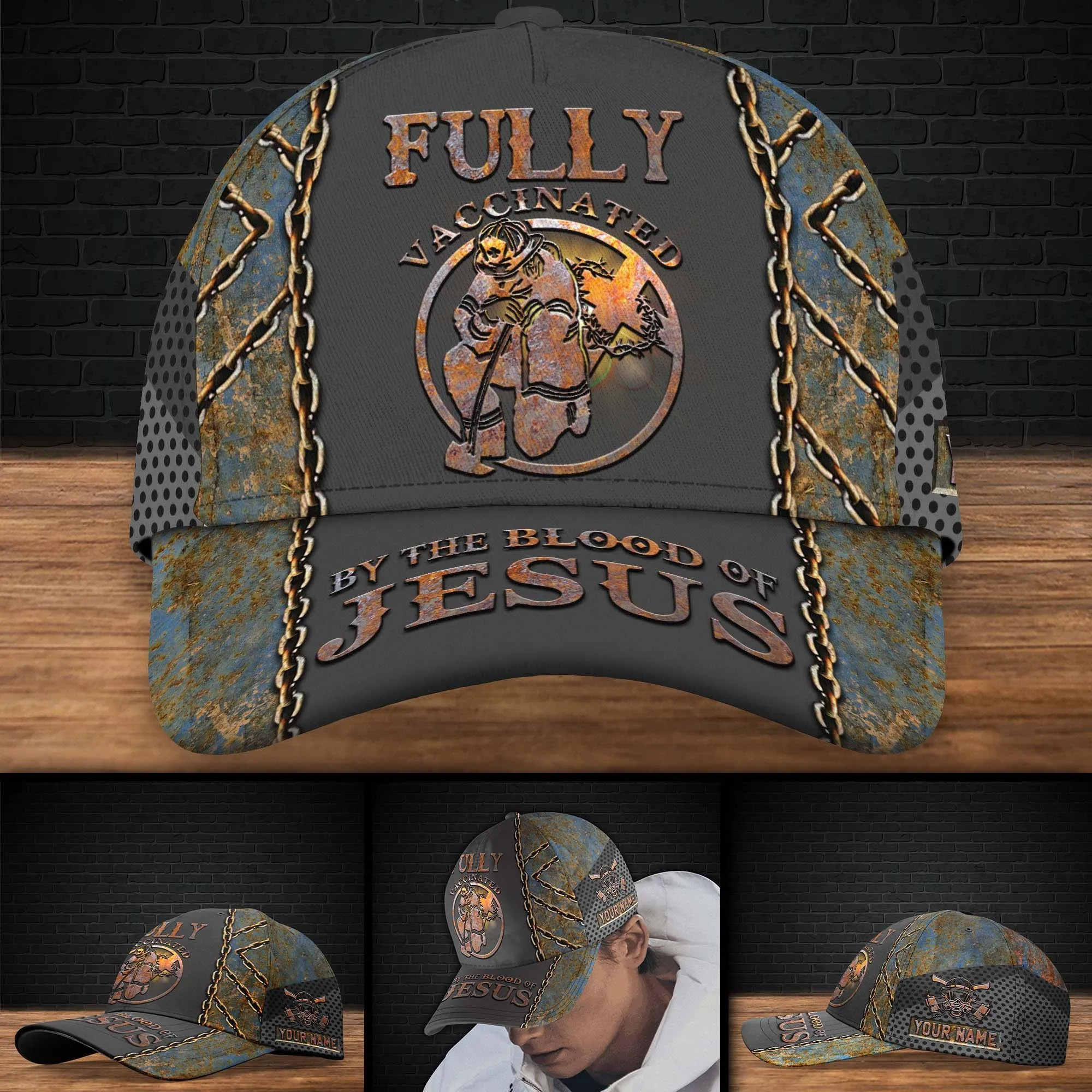 Firefighter Jesus Firefighter Cap Personalized Jesus Gift, Fully Vaccinated By The Blood Of Jesus Cap Trucker Hats Custom Hats Gifts For Men & Women