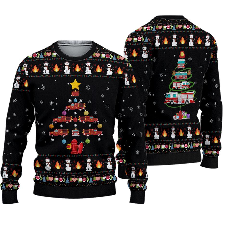 Firefighter Truck Tree Ugly Christmas Sweater
