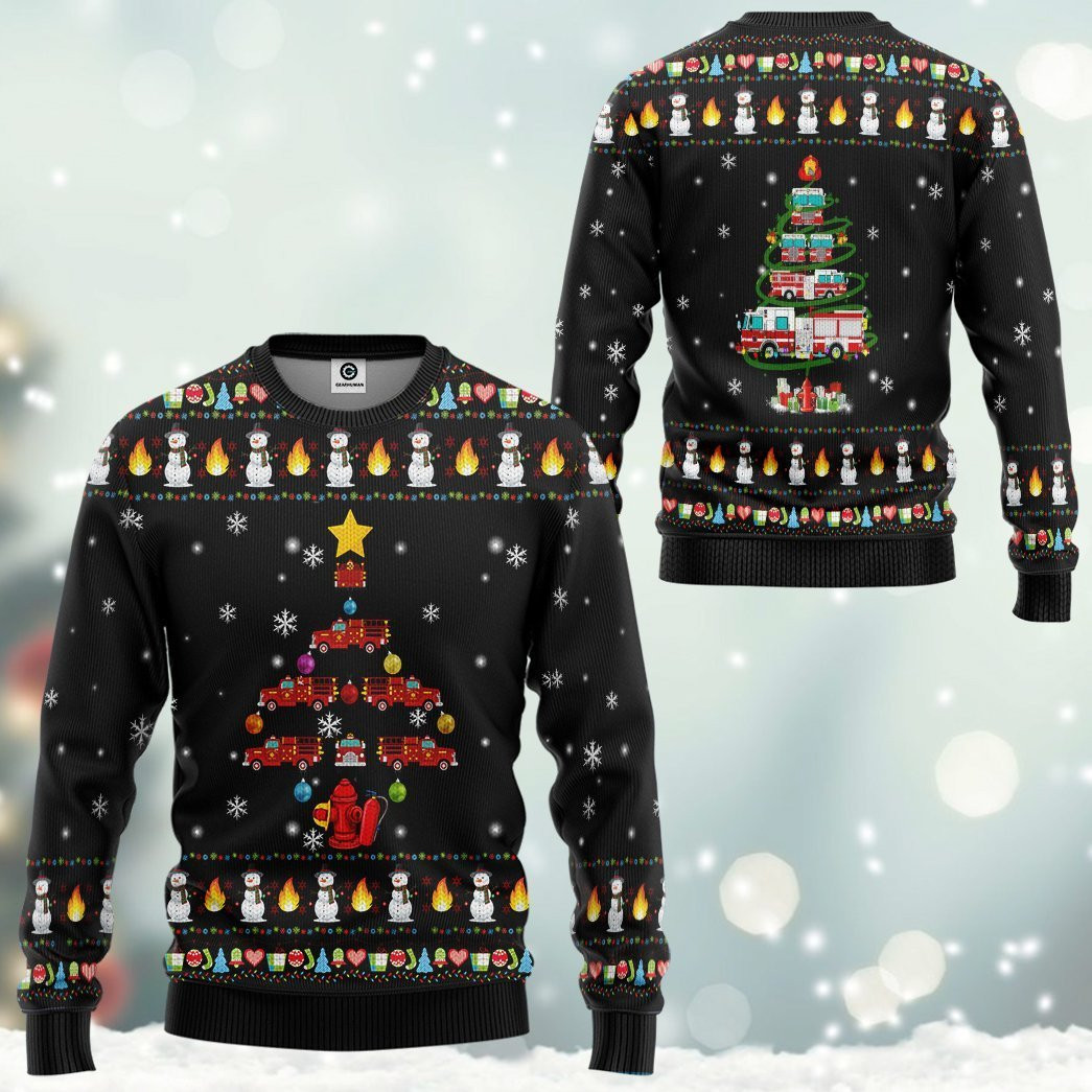 Firefighter Truck Tree Ugly Christmas Sweater Adult 3D Funny Matching for family