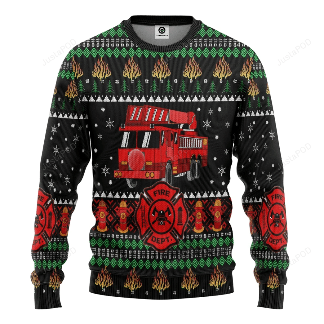 Firefighter Truck Ugly Christmas Sweater Adult 3D Funny Matching for family