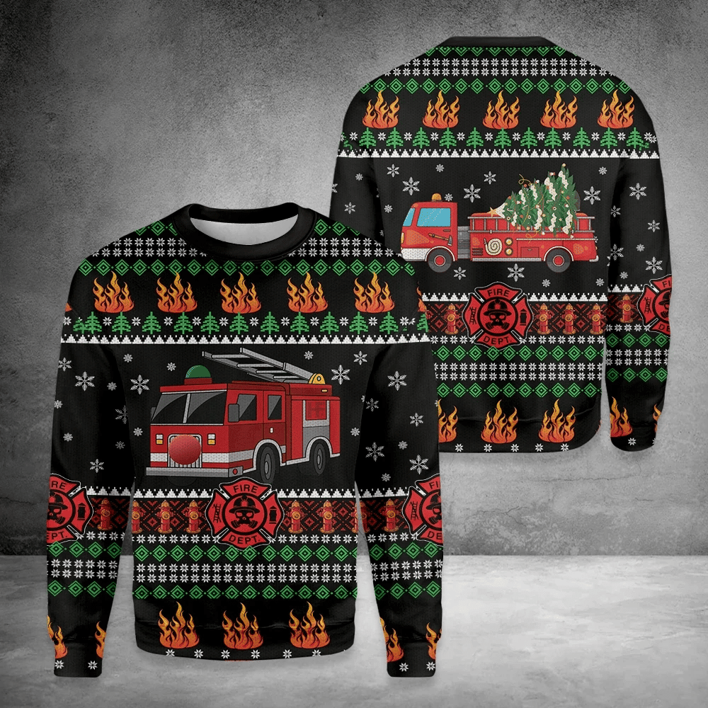 Firefighter Truck Ugly Christmas Sweater Adult 3D Funny Matching for family