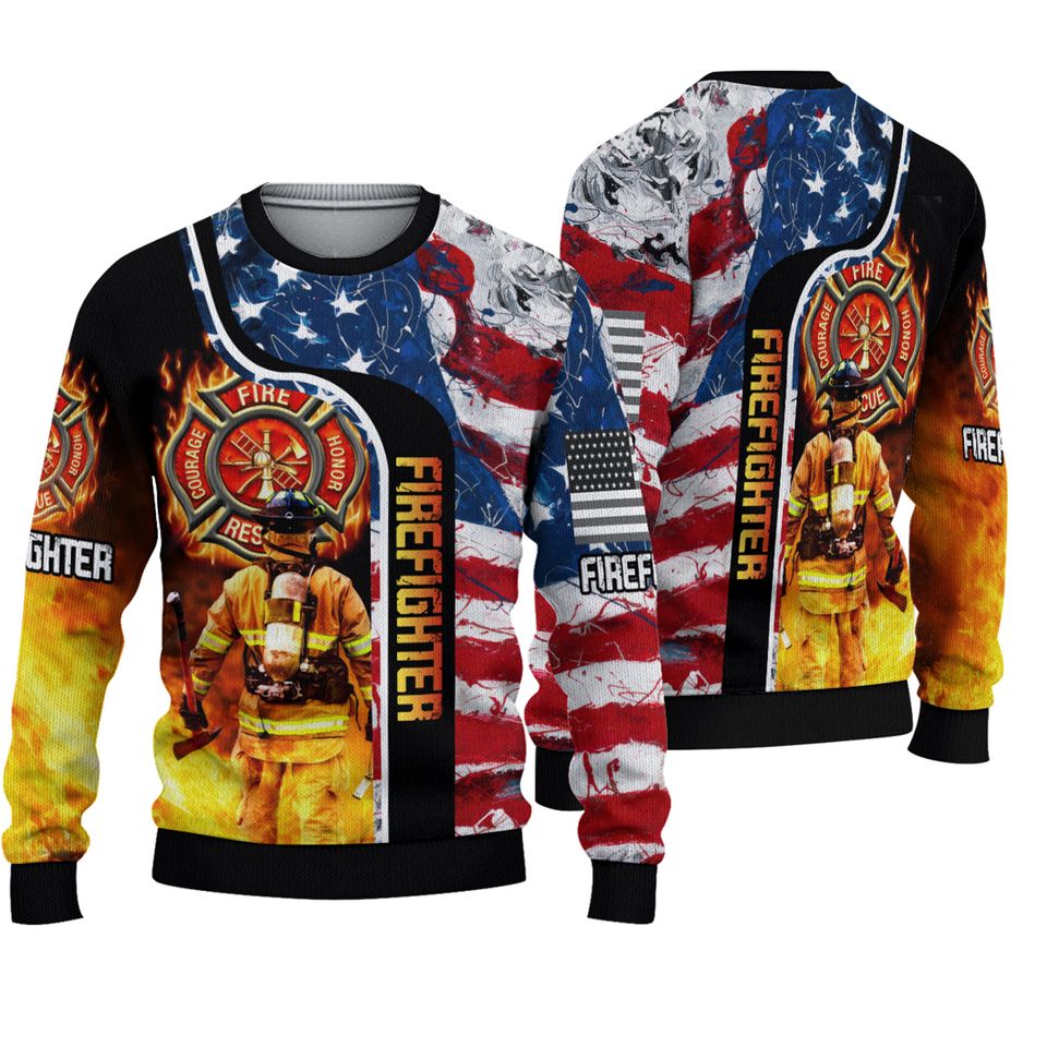 Firefighter Usa Flag Ugly Christmas 3D Sweater
