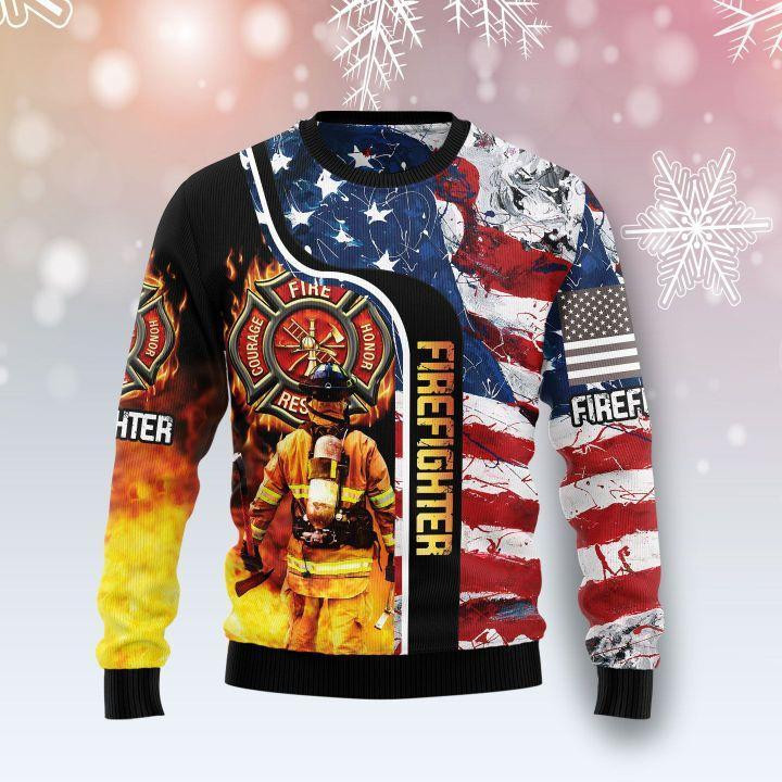 Firefighter USA Ugly Christmas Sweater Adult 3D Funny Matching for family