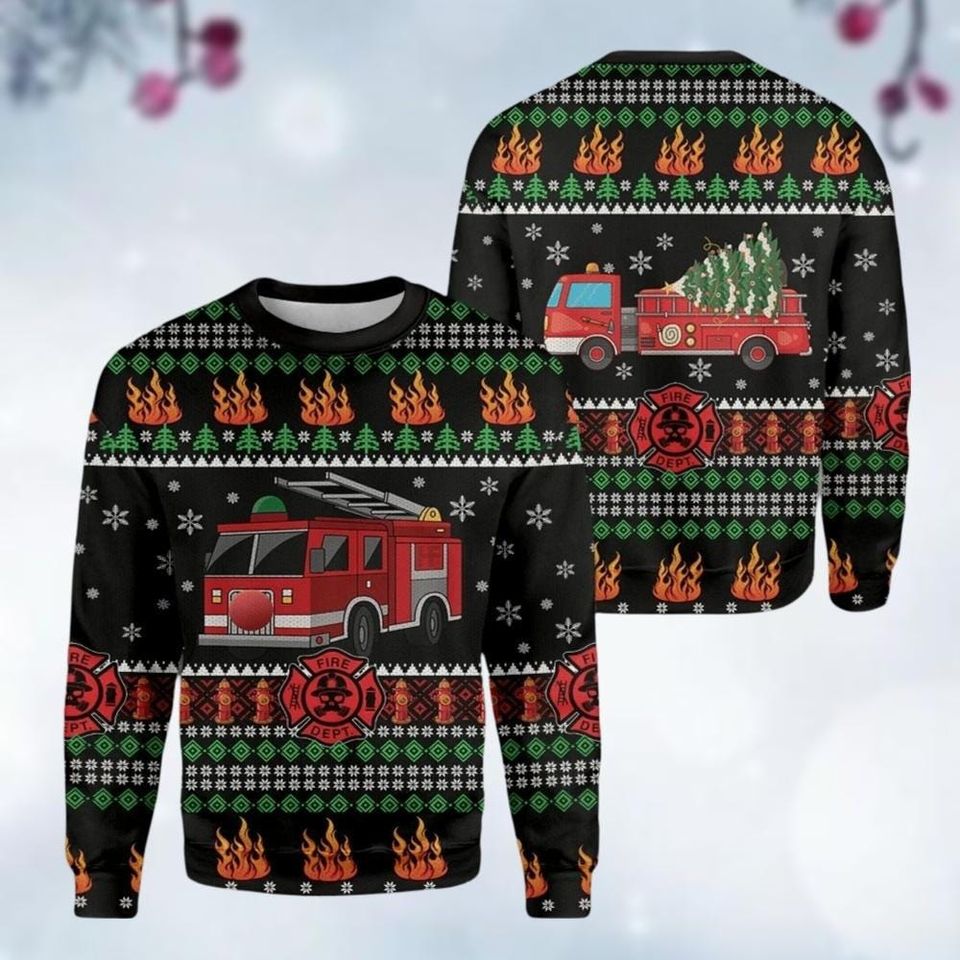Fireman Ugly Christmas Sweater, Firefighter Truck Ugly Christmas Sweater