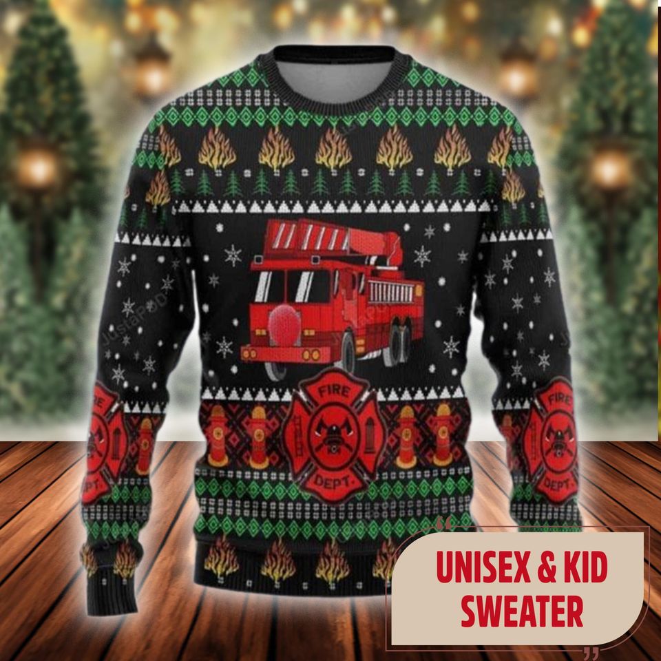 Fireman Ugly Christmas Sweater, Firefighter Truck Ugly Christmas Sweater