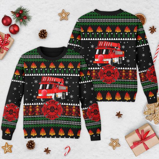 Fireman Ugly Christmas Sweater, Firefighter Truck Ugly Christmas Sweater, Personalized Fire Truck Christmas Sweater, Christmas Truck Sweater - Image 11