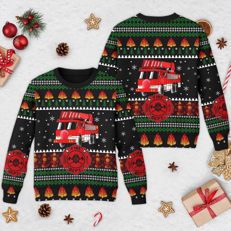 Fireman Ugly Christmas Sweater, Firefighter Truck Ugly Christmas Sweater, Personalized Fire Truck Christmas Sweater, Christmas Truck Sweater - Image 4