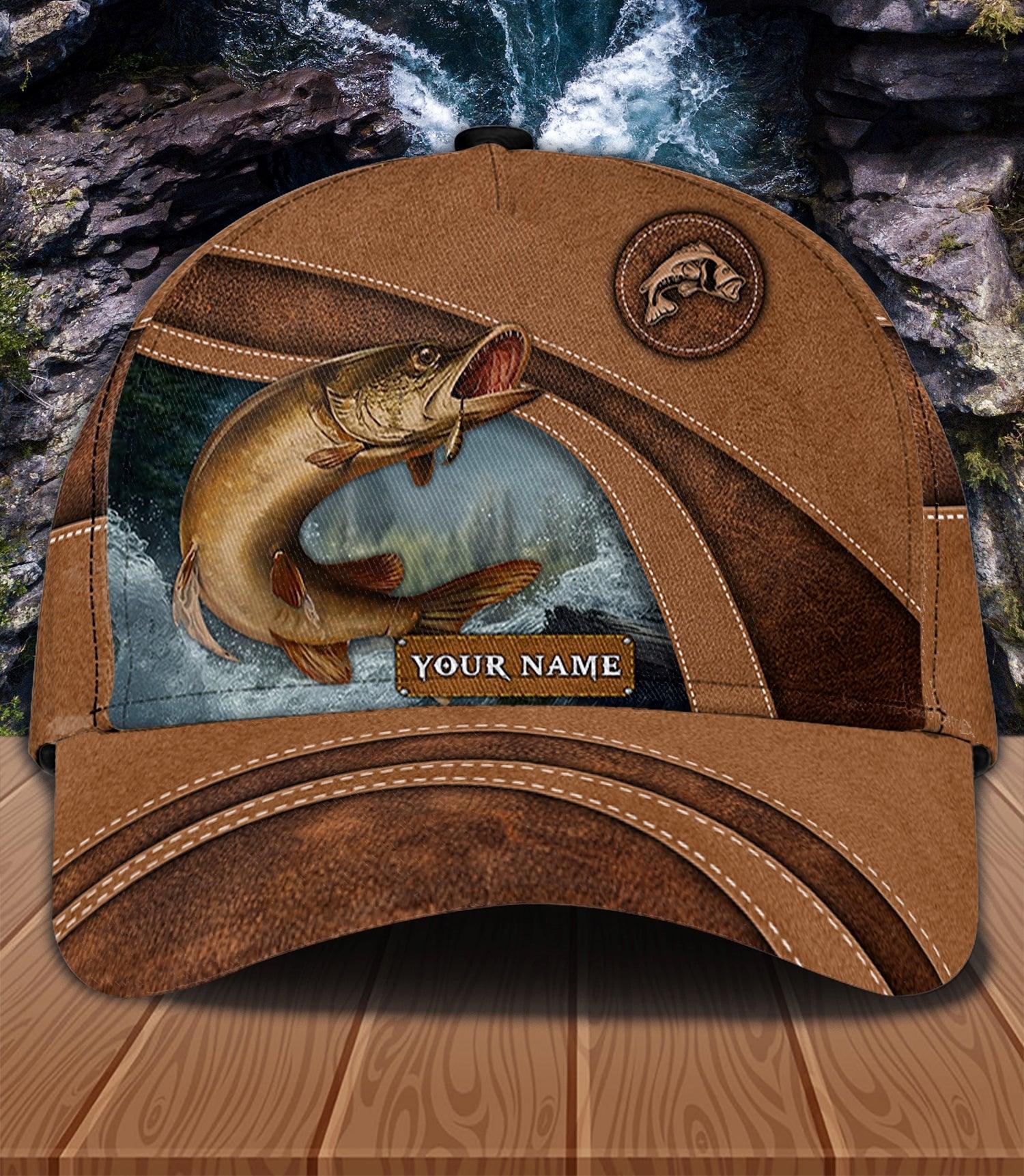 Fish With Water Background Brown Fishing Personalized Classic Cap, Personalized Gift for Fishing Lovers Trucker Hats Custom Hats Gifts For Men & Women