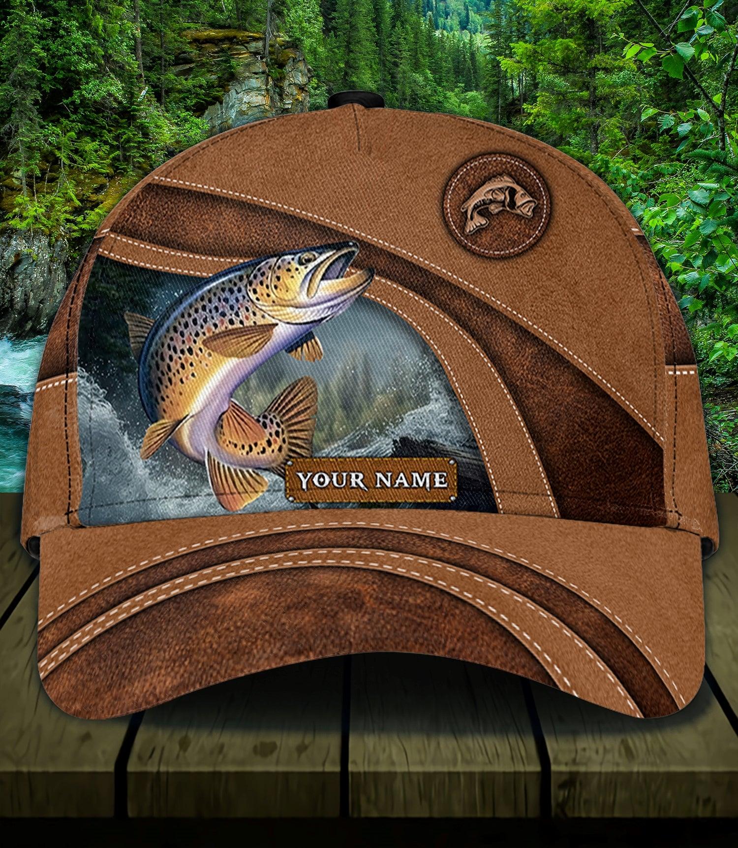 Fish With Water Background Brown Fishing Personalized Classic Cap, Personalized Gift for Fishing Lovers Trucker Hats Custom Hats Gifts For Men & Women