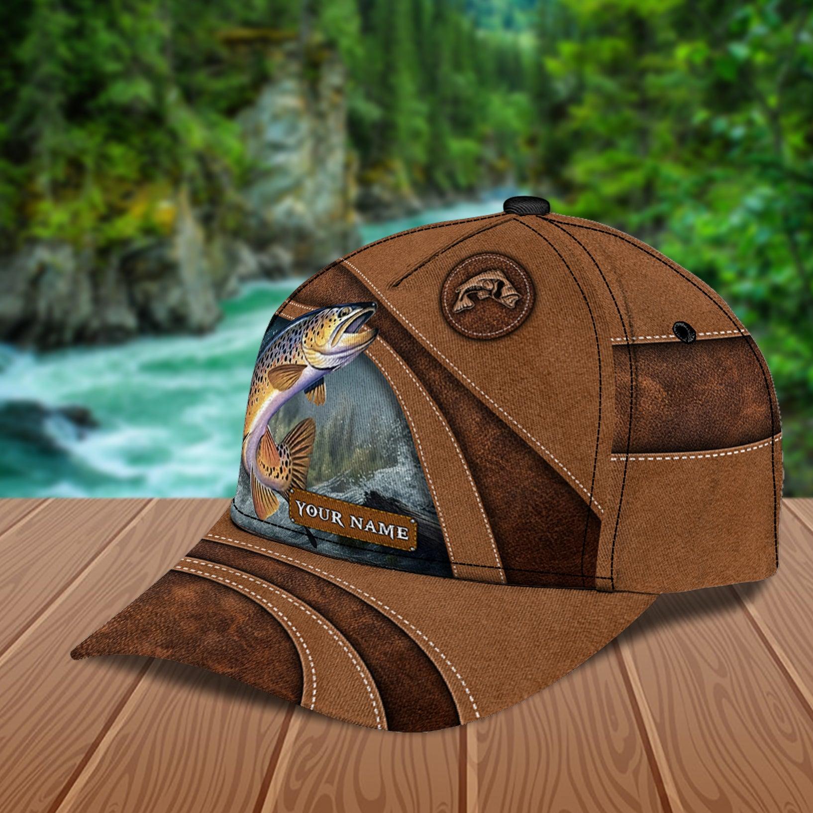 Fish With Water Background Brown Fishing Personalized Classic Cap, Personalized Gift for Fishing Lovers Trucker Hats Custom Hats Gifts For Men & Women