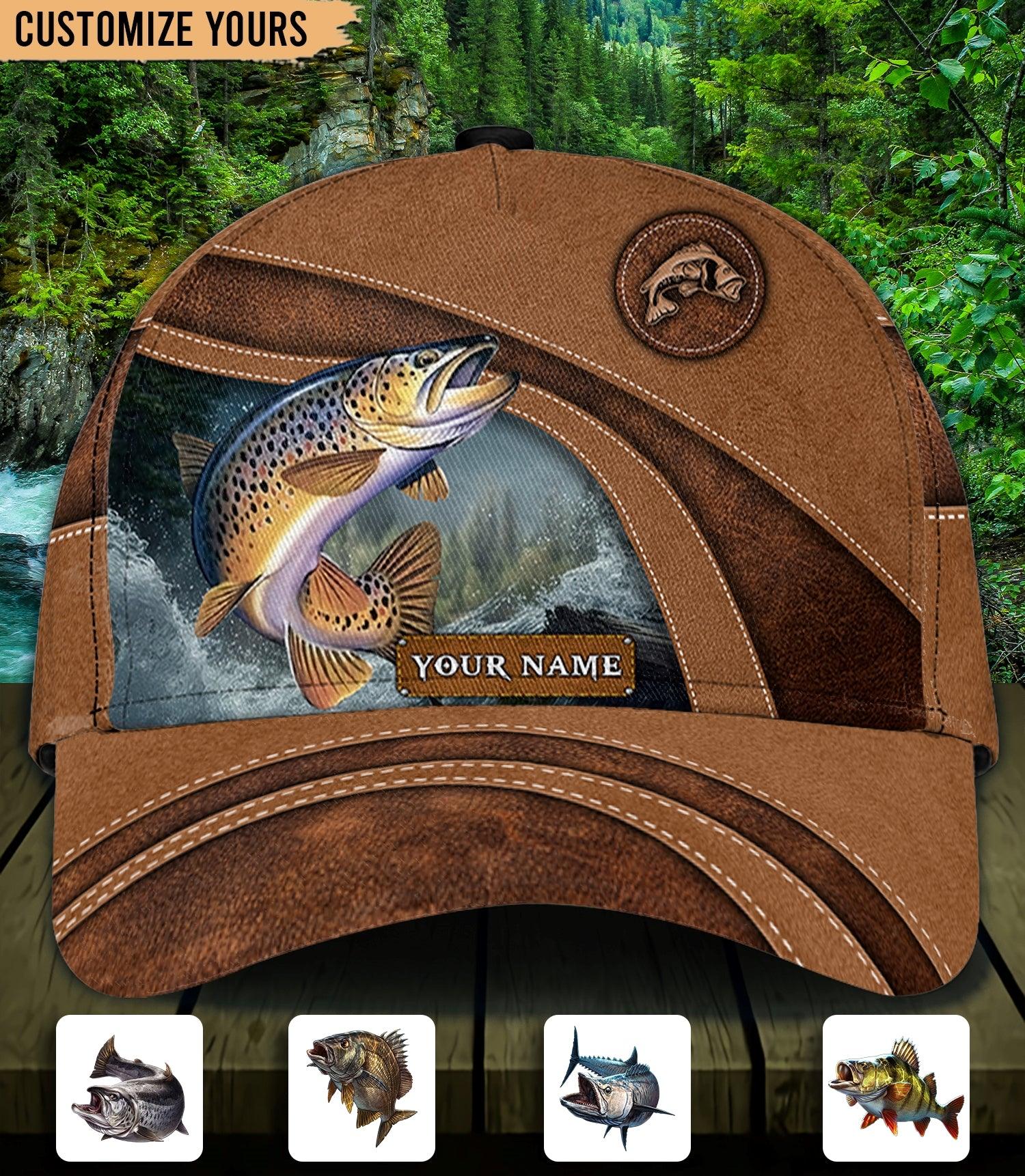 Fish With Water Background Brown Fishing Personalized Classic Cap, Personalized Gift for Fishing Lovers Trucker Hats Custom Hats Gifts For Men & Women